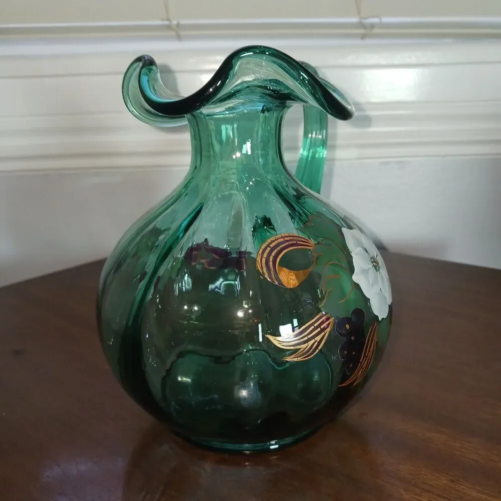 Fenton Seafoam Green Pitcher Floral Art Glass 7
